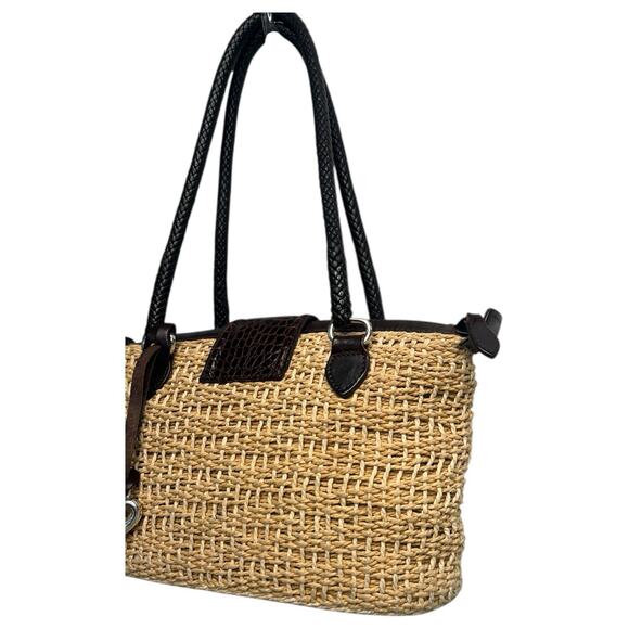 VTG Brighton Purse Brown Leather Straw Woven Double Handle Heart Boho 90s Y2K - Picture 16 of 16